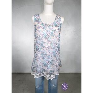 VIA SIGNORIA Italy 100% Silk Floral Tank Top Lace Hem Womens L Cottagecore